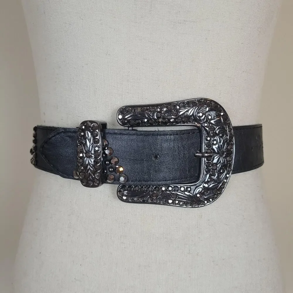 Black Leather Belt Med Western Cowgirl Rhinestone Buckle Studs Boho Rodeo Bling